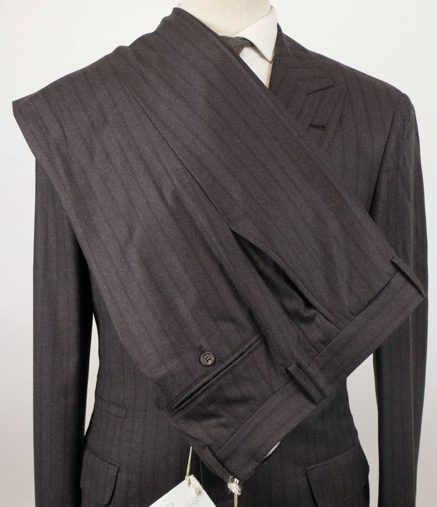 Dark Striped Wool 3/2 Button Suit - Brown