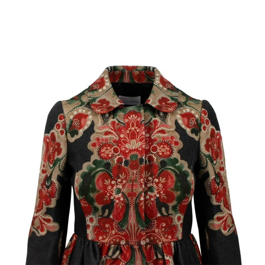 A-Line Wool Large Floral Design Coat - Black / Red