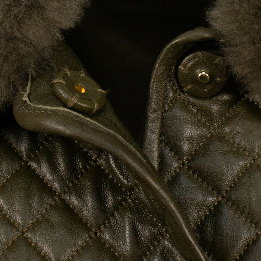 Leather Quilted Coat - Olive Green