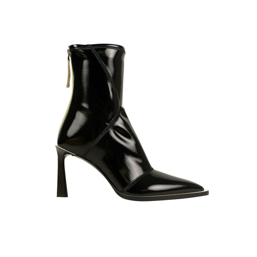 Glossy Tronchetto Pointed Ankle Boots Heels - Black