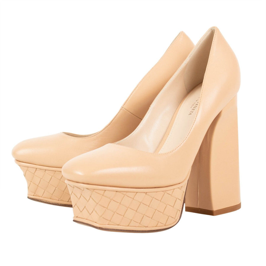 Intrecciato Platform Block Heel Pumps - Nude