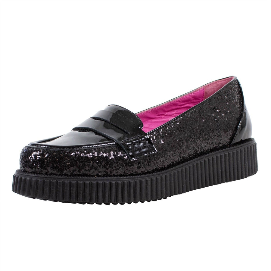 Leather Glitter Thick Sole Penny Loafer Flats - Black