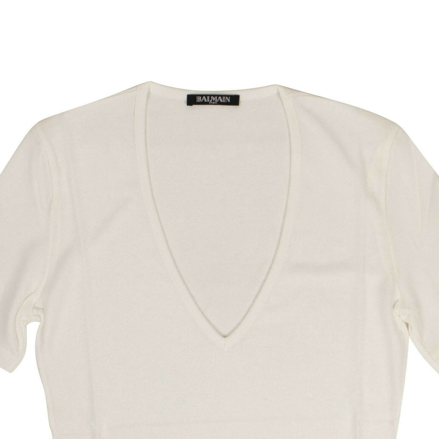 Short Sleeve Deep V Neck Knit T-Shirt - White