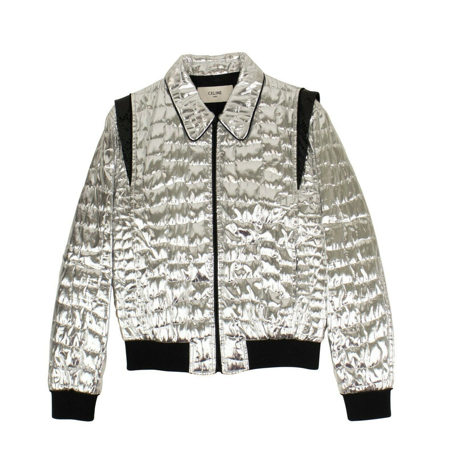 Polyester Zip Up Varsity Bomber Jacket - Metallic Silver