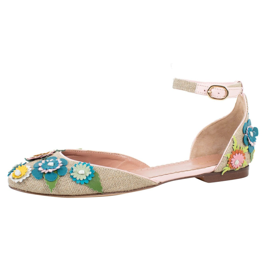 Raffia Floral Adorned Ankle Strap Flats - Beige / Multi