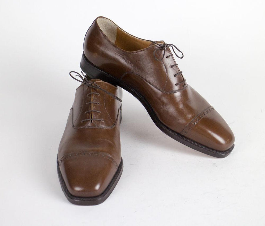Leather Lace Up Cap Toe Oxfords - Brown