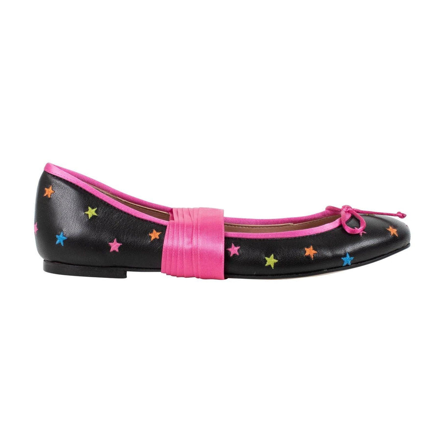 Leather Star Ankle Strap Flats - Black / Pink