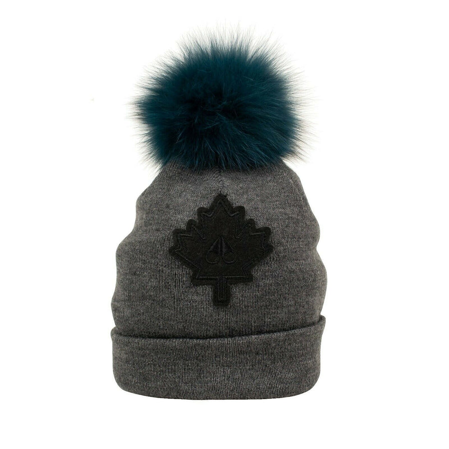 Kids Fur Pom Pom Maple-leaf Hat - Gray/ Teal