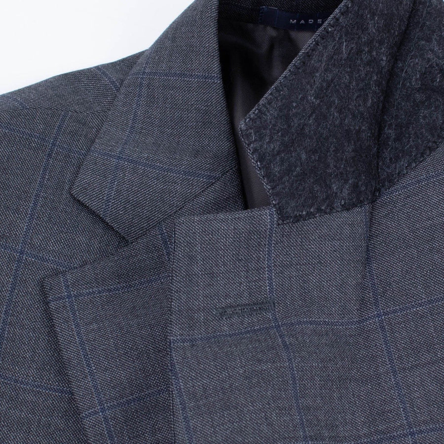 Windowpane Wool Two Button Suit - Charcoal Gray / Blue