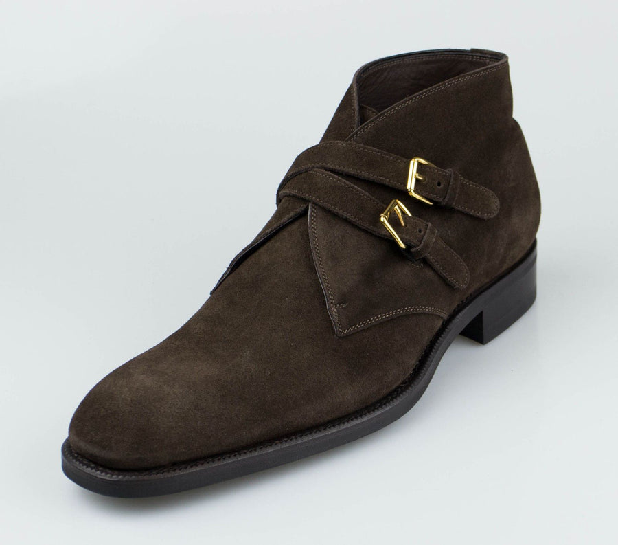 Suede Leather Cross Strap Boots - Brown