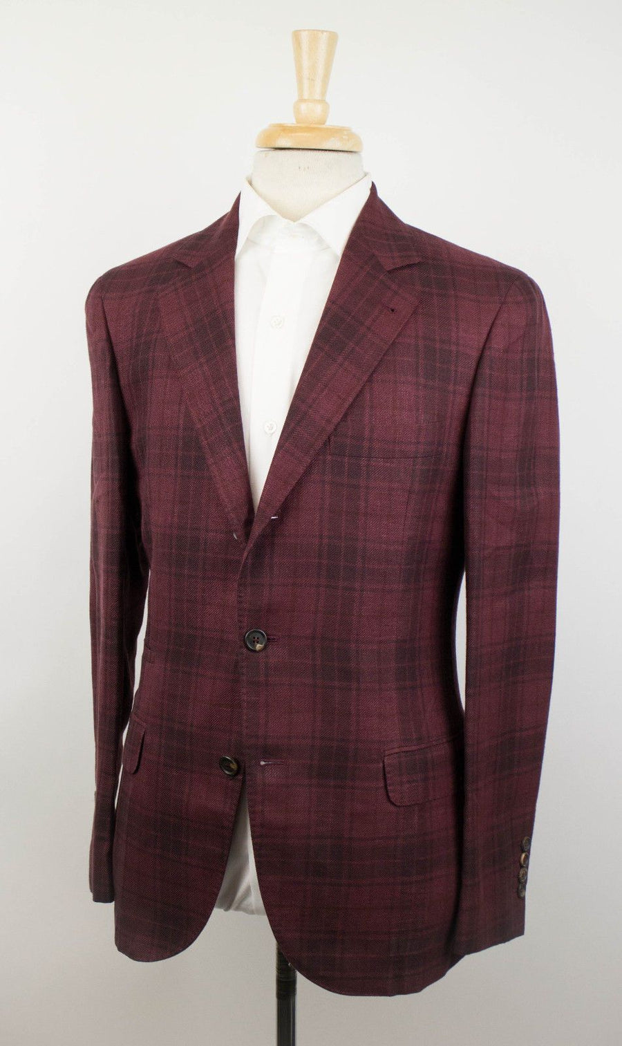 Tartan Check Wool Blend 3 Roll 2 Button Sport Coat - Red