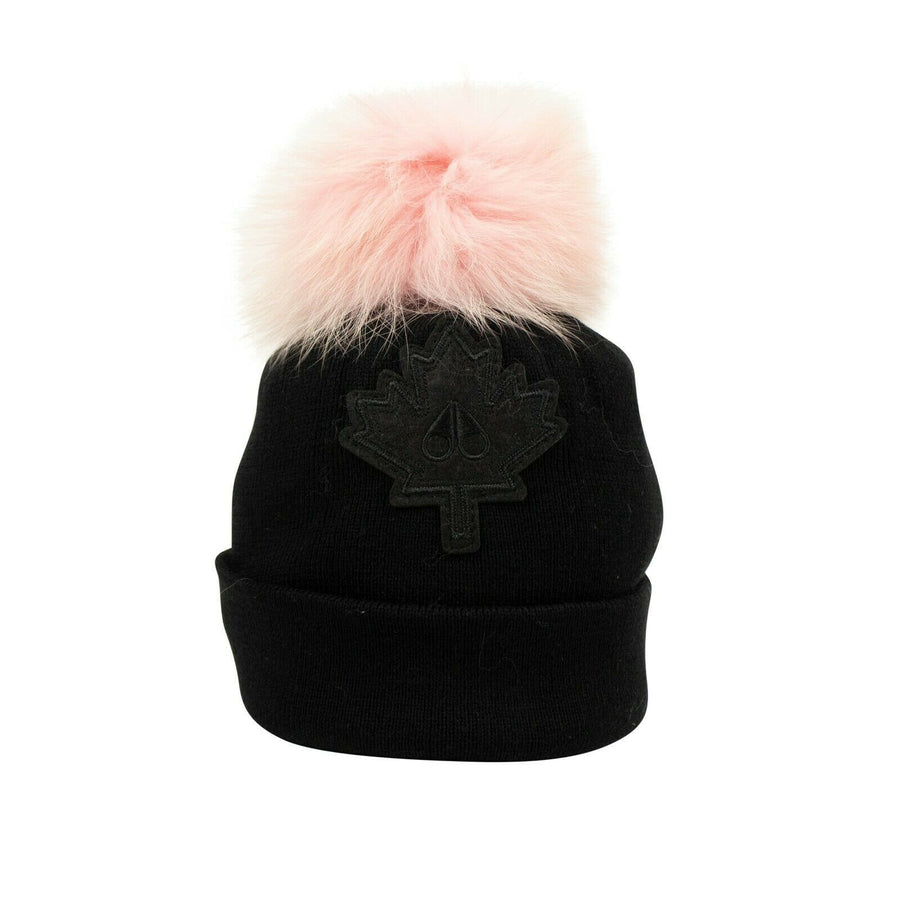Kids Fur Pom Pom Maple-leaf Hat - Black/ Pink
