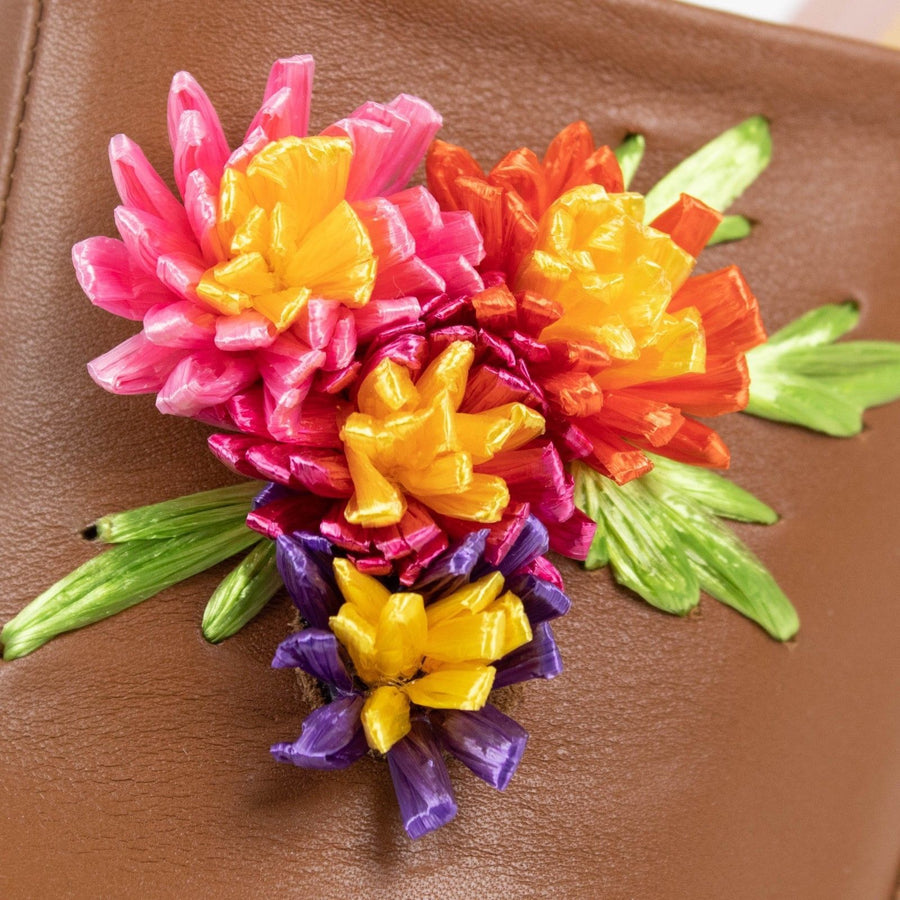 Leather & Wood Floral Clog Pumps - Brown