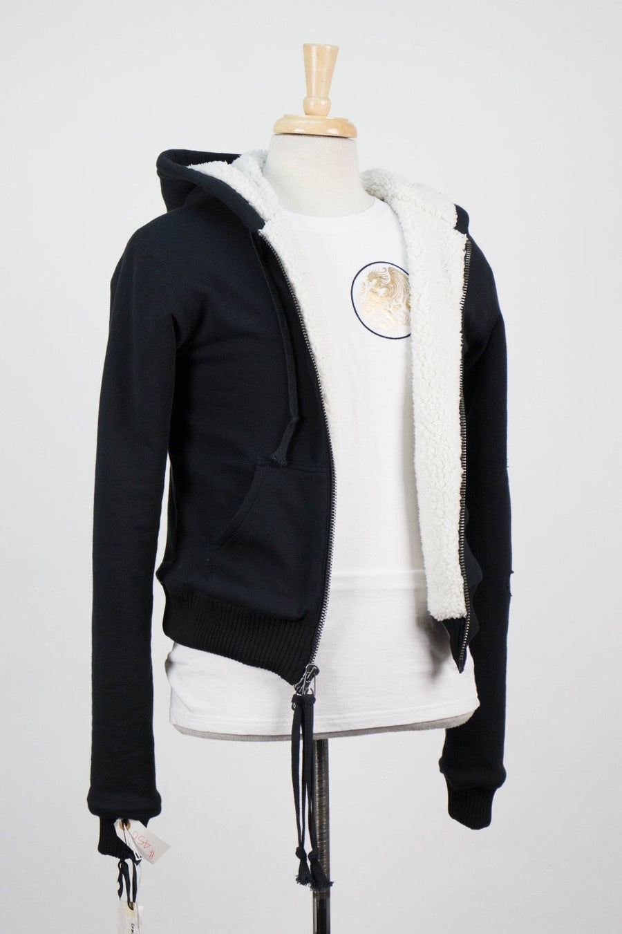 Cotton Blend Sherpa Lined Zip-Up Hooded Sweater - Black