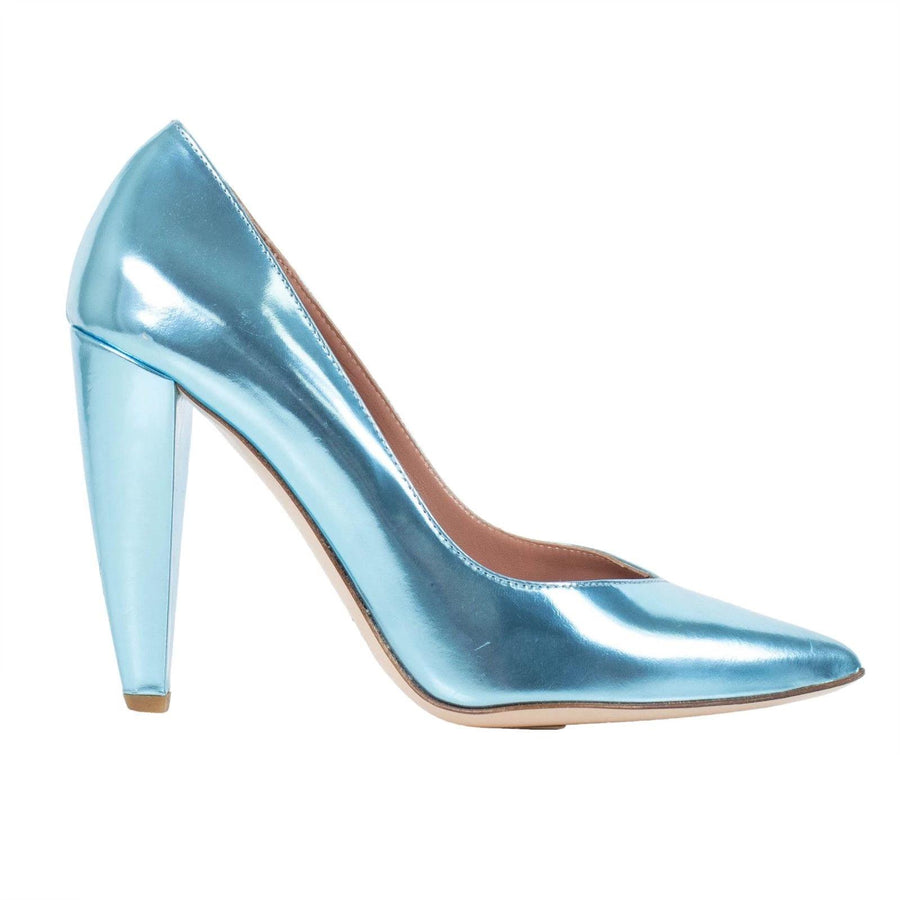 Metallic Leather Point Toe Pumps - Blue