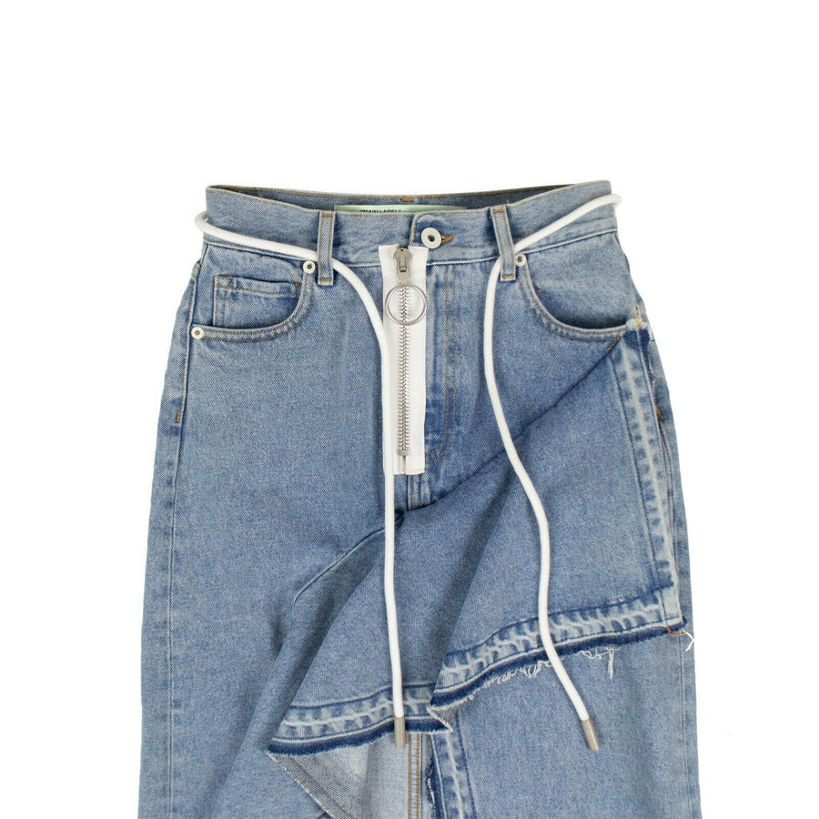 Asymmetric Hi-Low Bleached Denim Ruffle Skirt - Blue