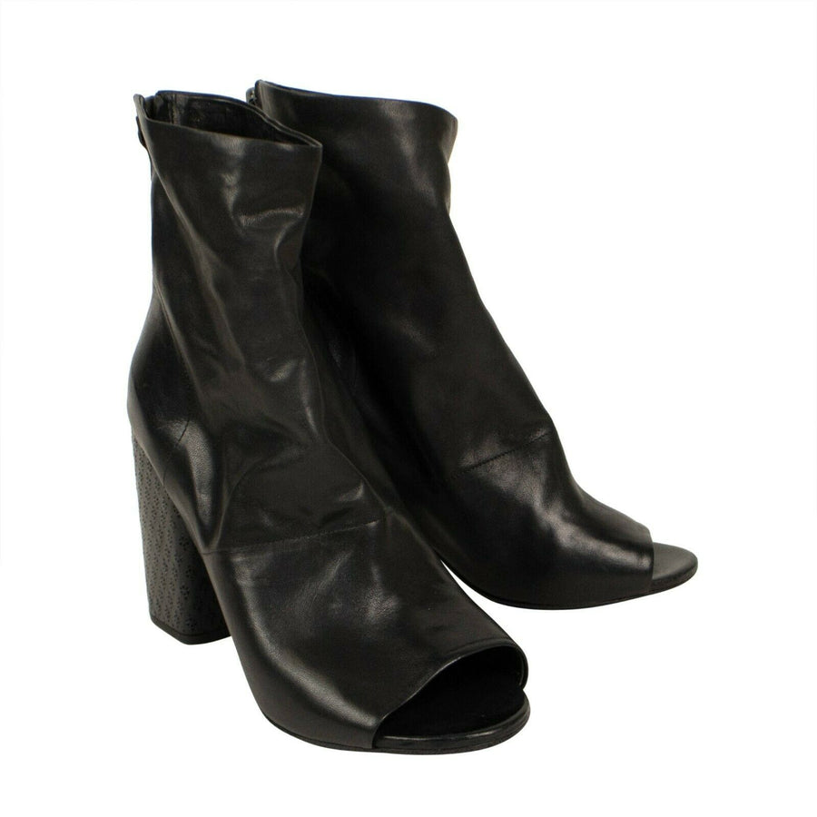 Open Toe Leather Ankle Boots - Black