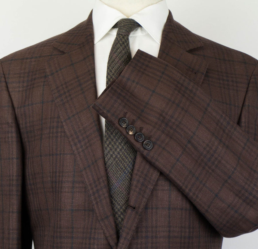 Tartan Plaid Wool Blend 3/2 Button Suit - Brown
