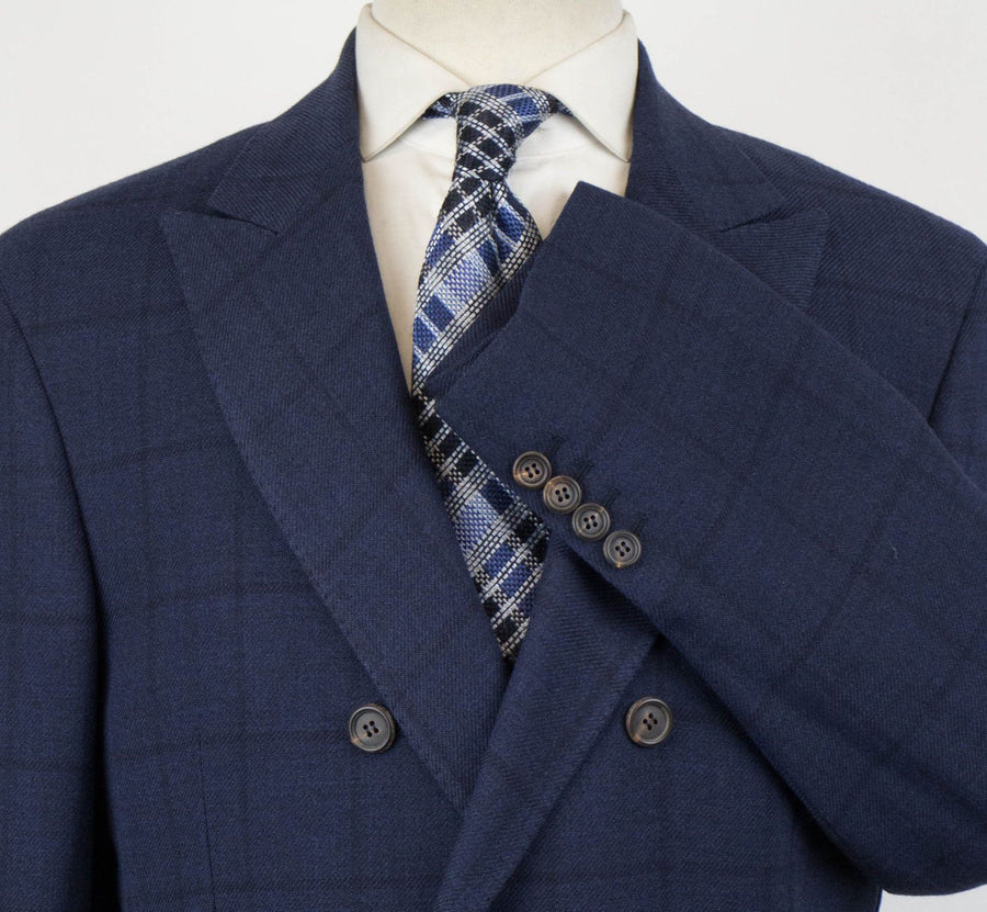 Wool Blend Windowpane Check Double Breasted Sport Coat - Blue