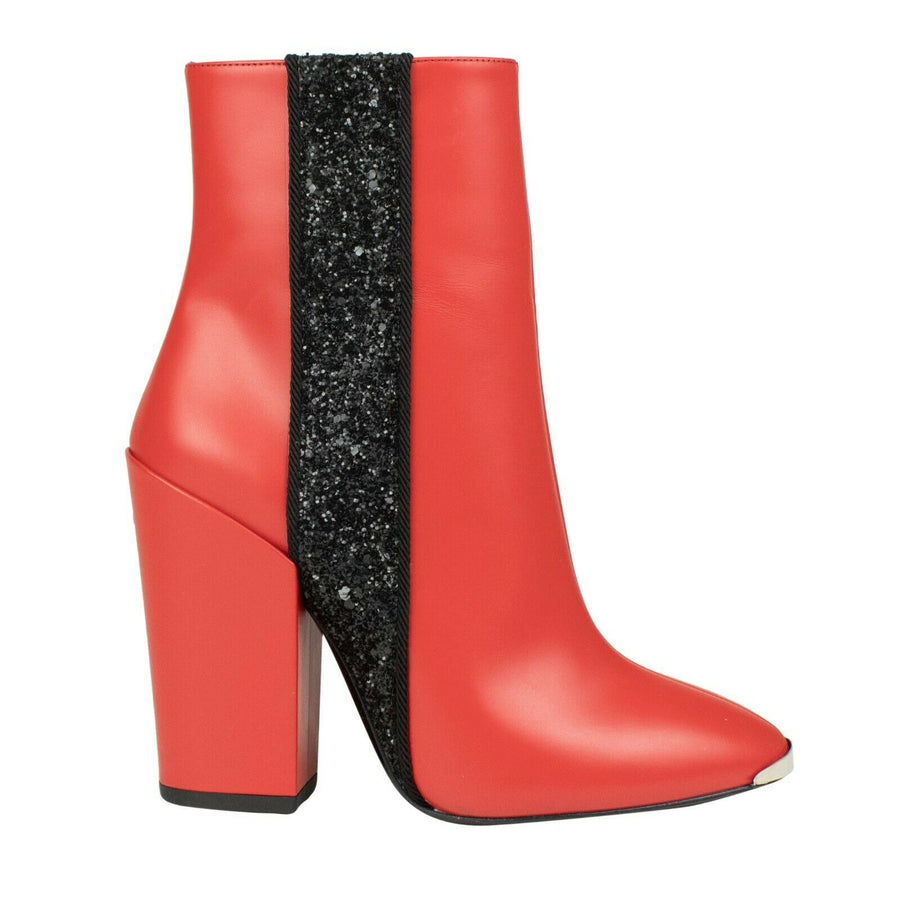 Leather Glitter Stripe Short Boots - Red