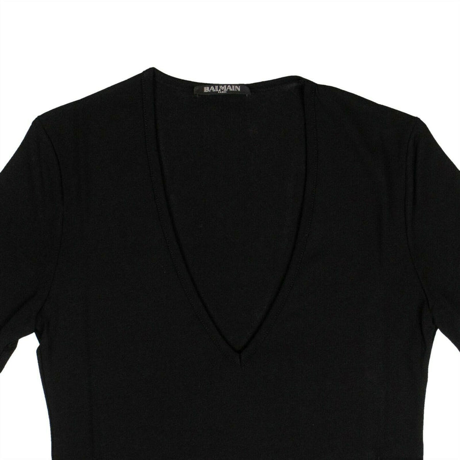 Short Sleeve Deep V Neck Knit T-Shirt - Black
