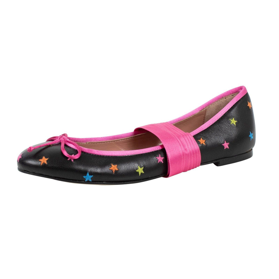 Leather Star Ankle Strap Flats - Black / Pink