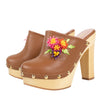 Leather & Wood Floral Clog Pumps - Brown