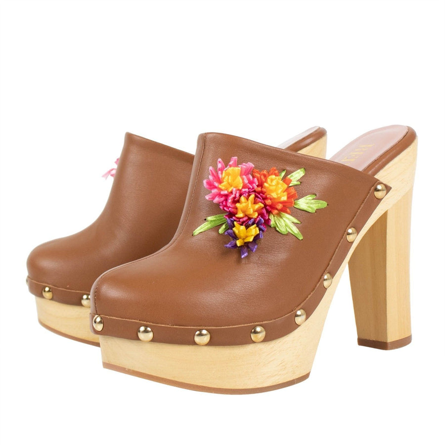 Leather & Wood Floral Clog Pumps - Brown