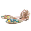 Raffia Floral Adorned Ankle Strap Flats - Beige / Multi