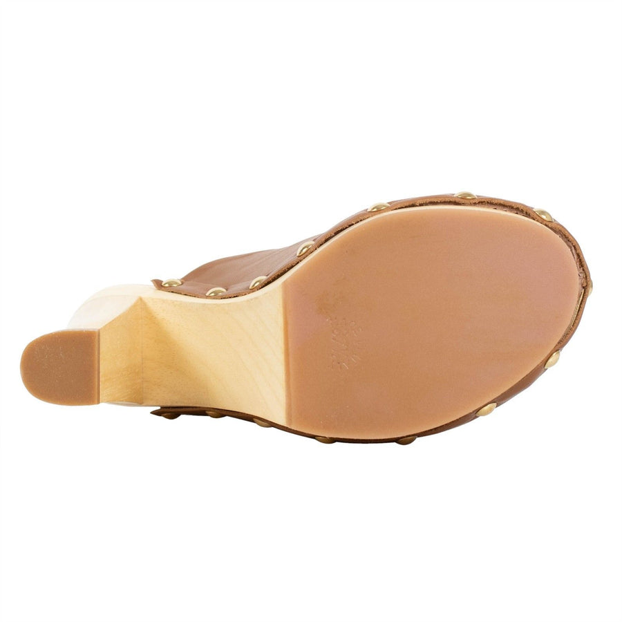 Leather & Wood Floral Clog Pumps - Brown