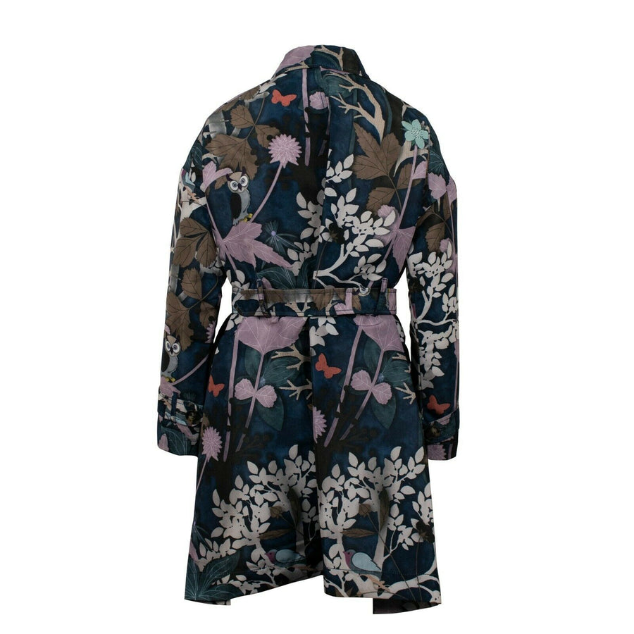 Floral And Owl Print Trench Coat - Navy