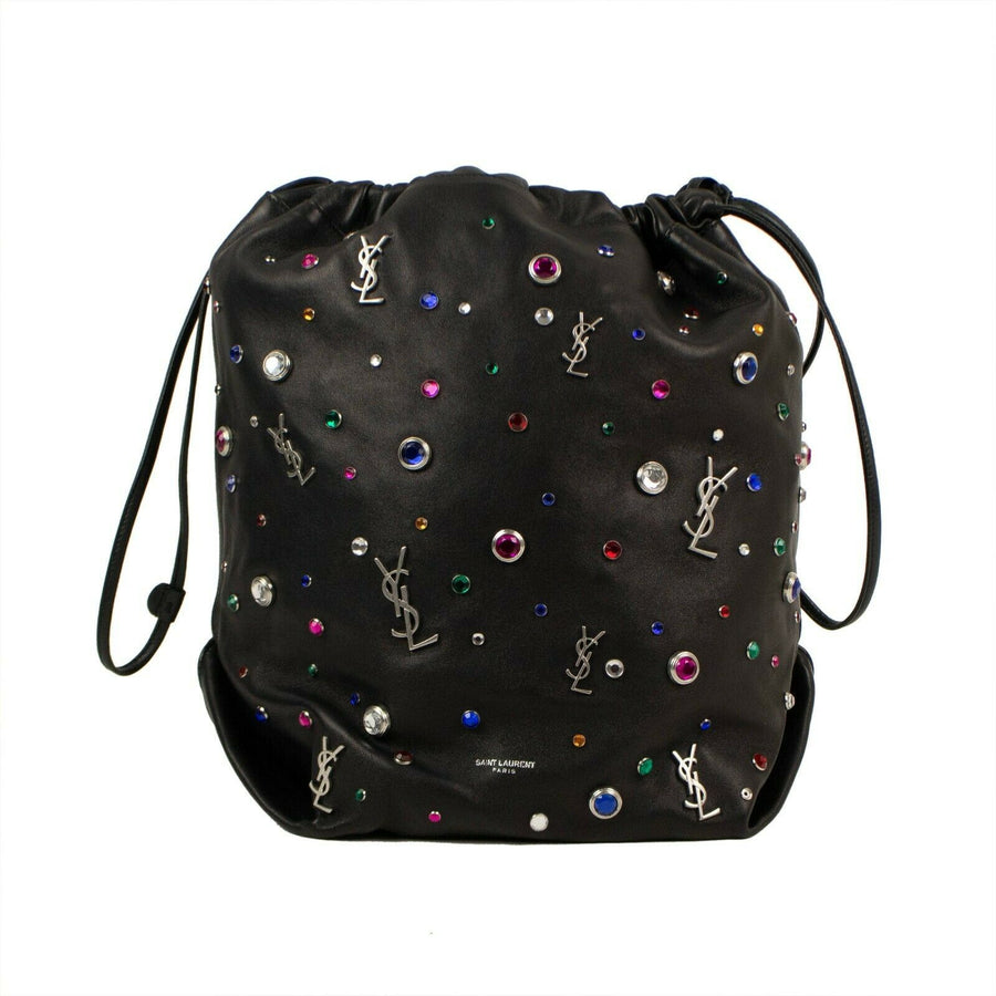 Leather Gem Stud Embellished Bucket Handbag - Black