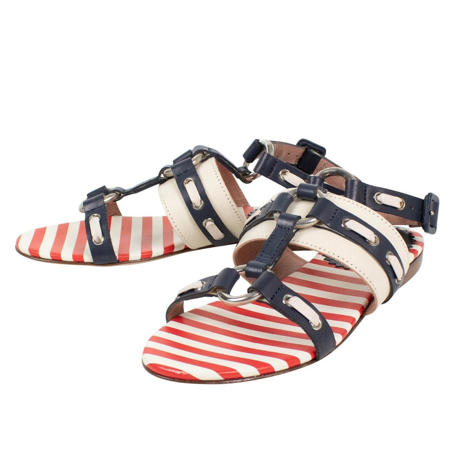 Leather Striped Ankle Strap Sandal - Navy / Red / White