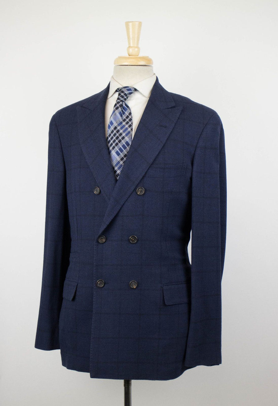 Wool Blend Windowpane Check Double Breasted Sport Coat - Blue