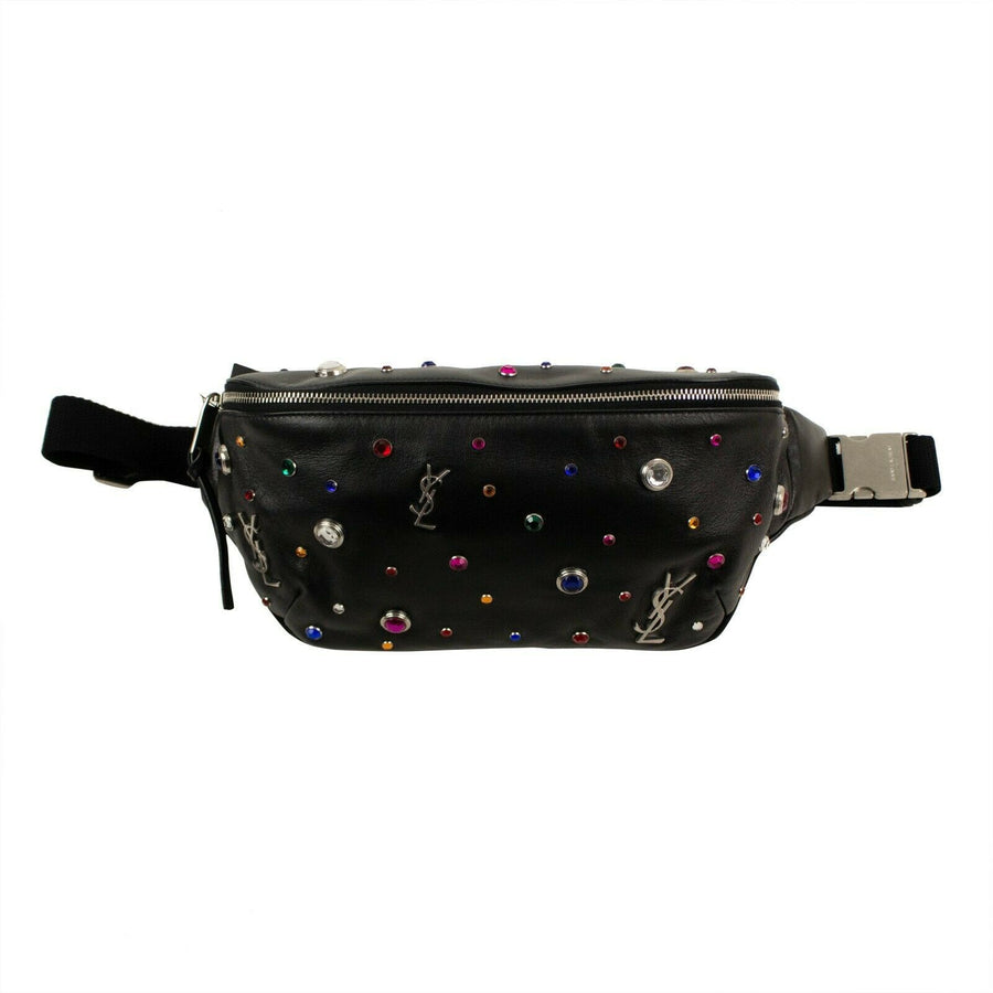 Leather Gem Stud Silver YSL Embellished Belt Bag - Black