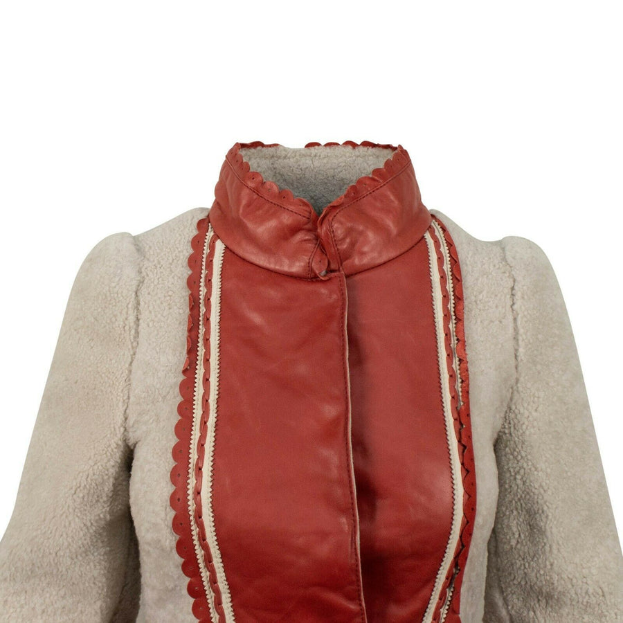Lamb Fur With Lambskin Leather Detail Coat - Off White / Red