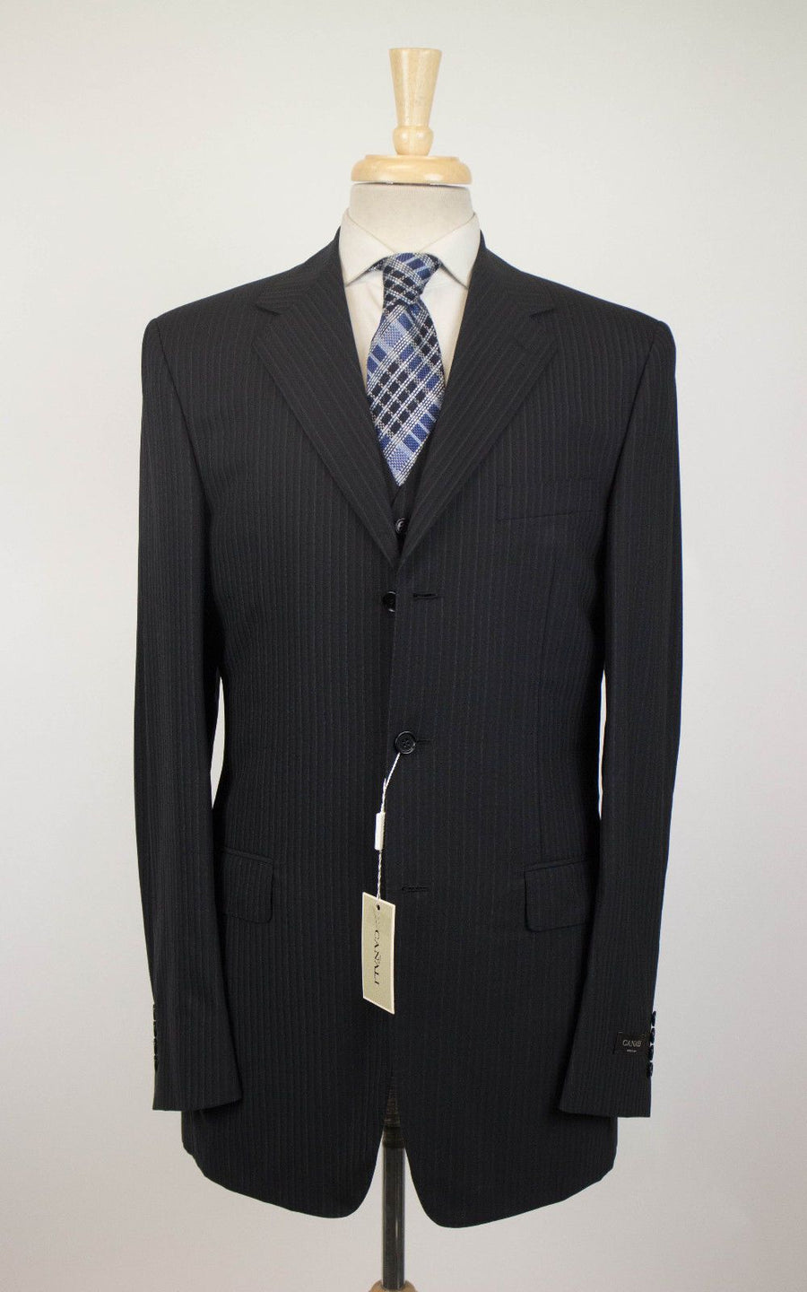 Drop 7 Striped Wool 3 Button 3 Piece Suit - Black