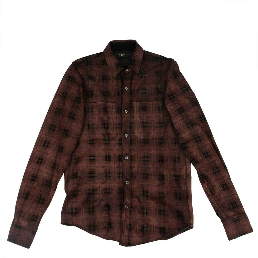 Genuine Leather Plaid Button Down Shirt - Burgundy / Black