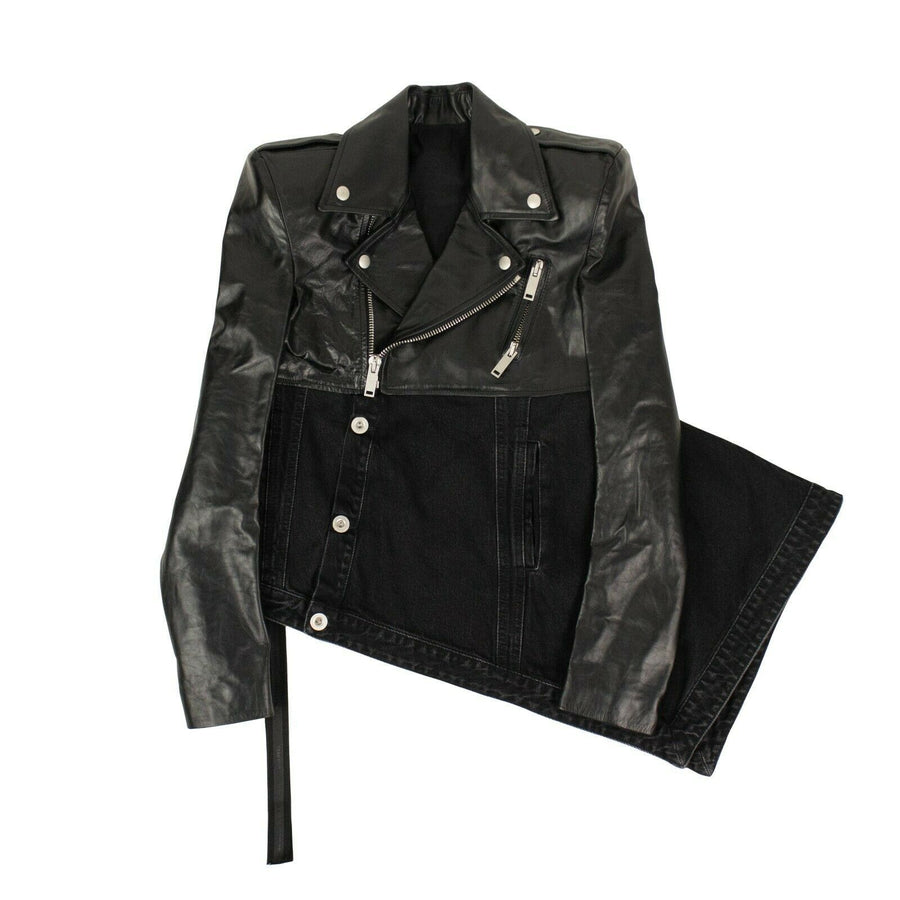 Asymmetric Denim & Leather Biker Jacket - Black