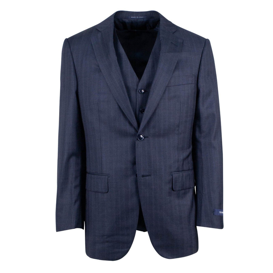 Drop 8 Striped Wool Two Button Three Piece Suit - Blue