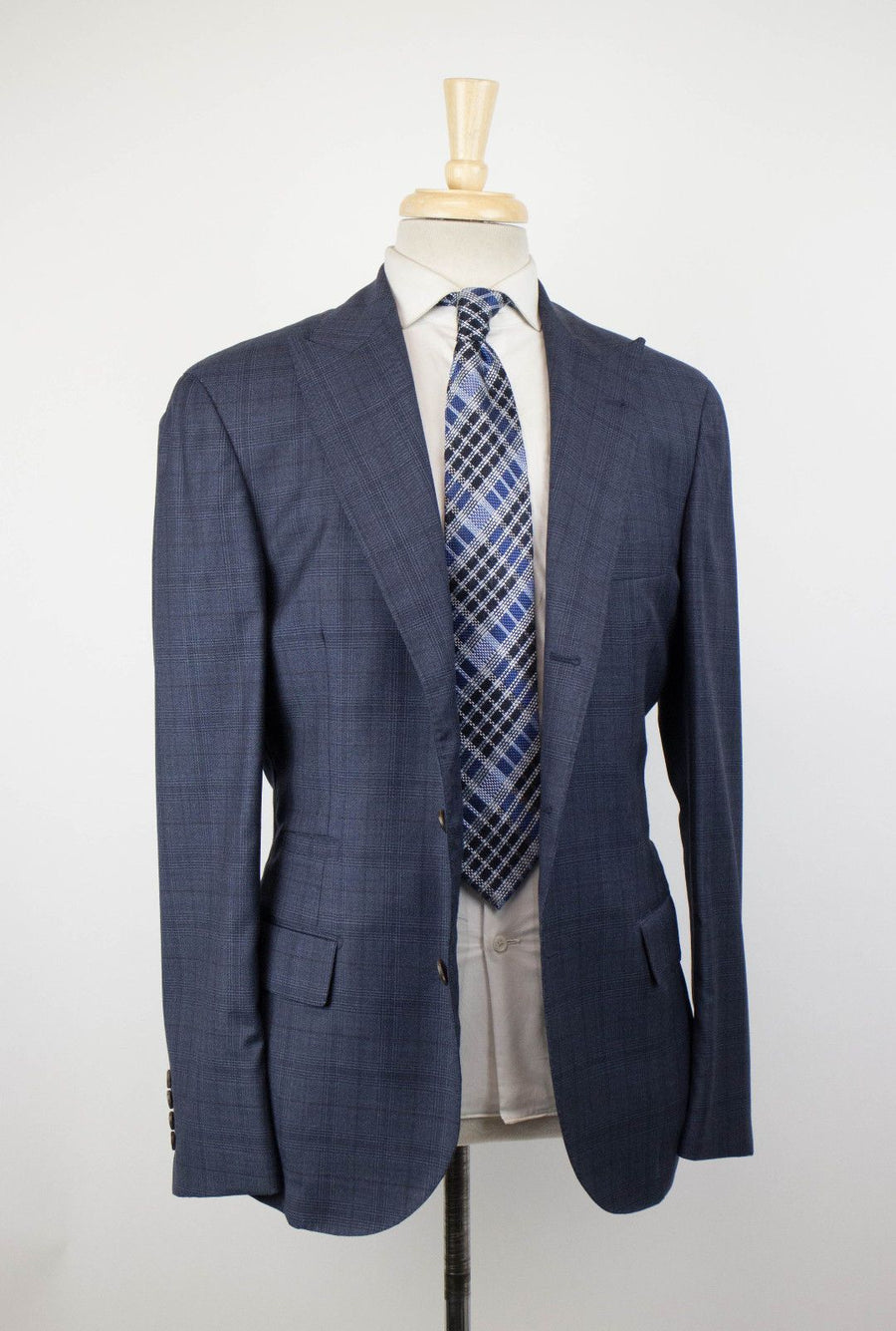 Plaid Wool 3 Roll 2 Button Sport Coat - Blue