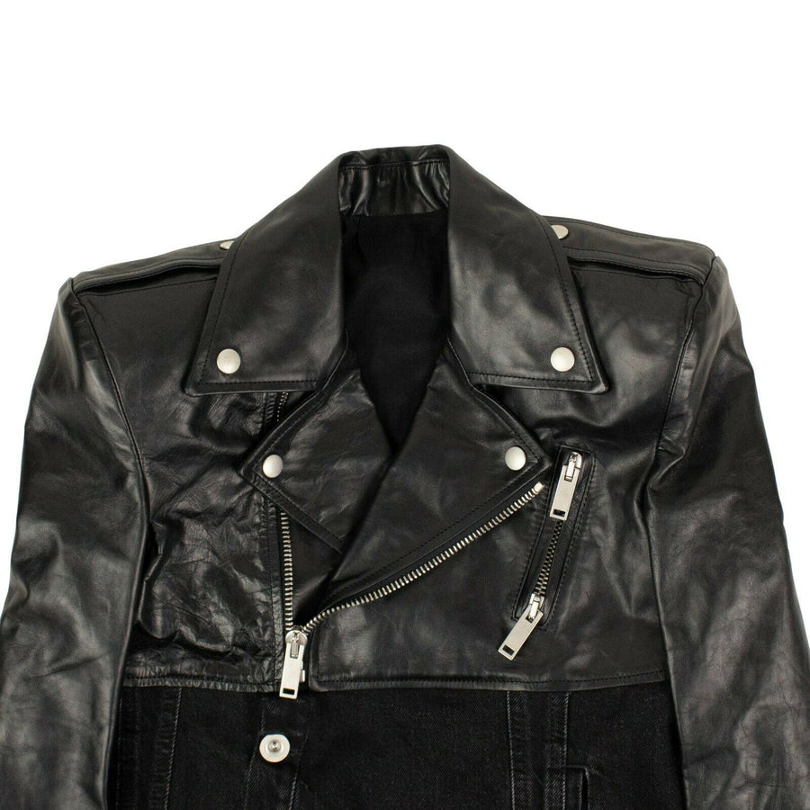 Asymmetric Denim & Leather Biker Jacket - Black