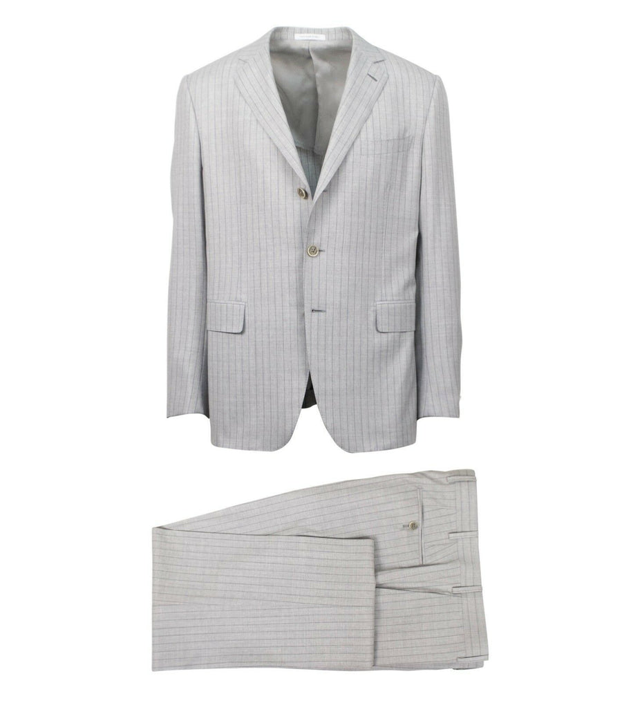 Drop 7 Striped Wool 3 Roll 2 Button Slim/Trim Fit - Light Gray