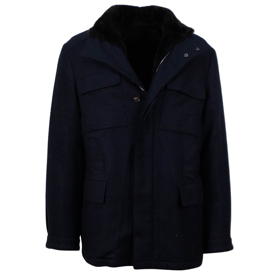 Caruso Cashmere Fur Lined Zip Up Coat - Blue