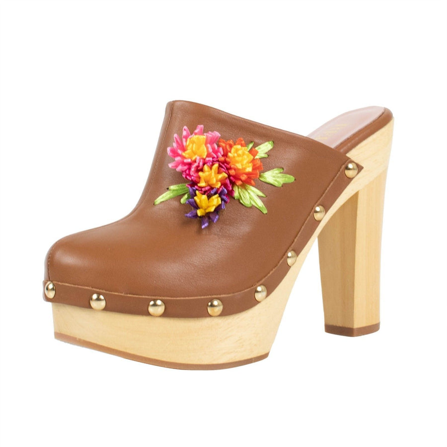 Leather & Wood Floral Clog Pumps - Brown