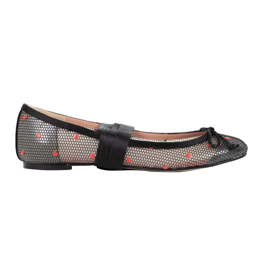 Plastic Mesh & Heart Ankle Ribbon Flats - Black