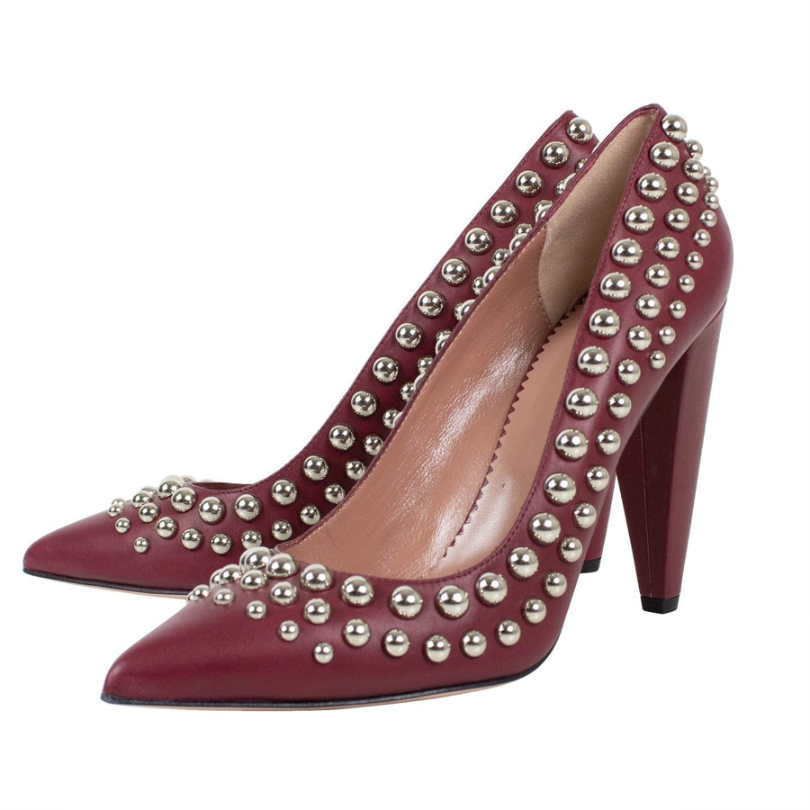 Leather Circle Studded Pumps - Red