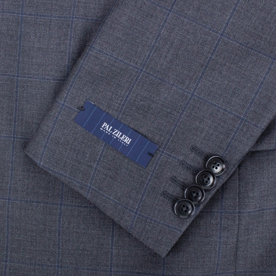 Windowpane Wool Two Button Suit - Charcoal Gray / Blue