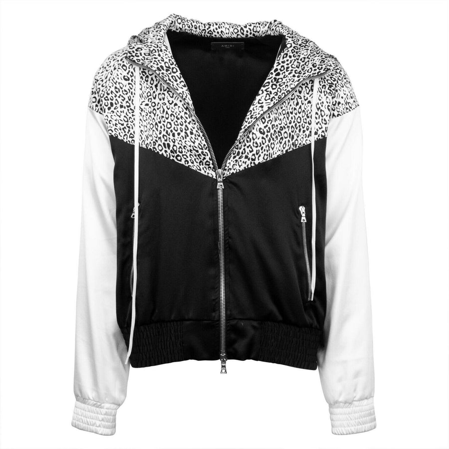 Leopard Silk Zip Up Windbreaker Jacket - Black / White