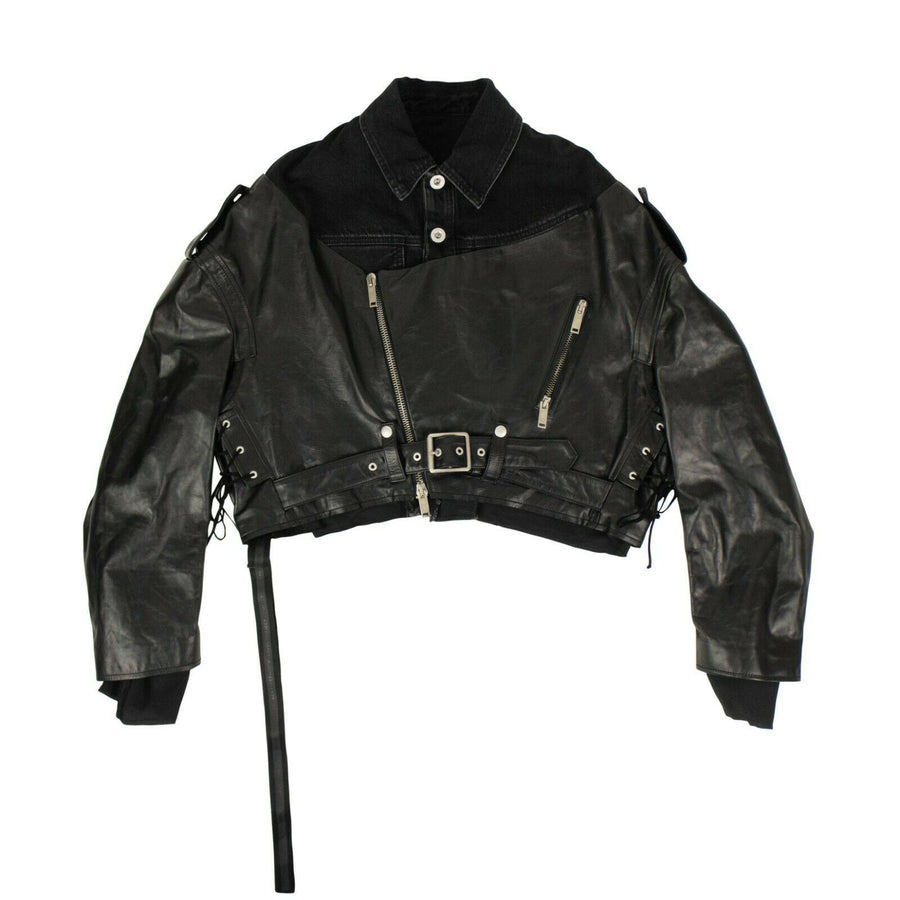 Hybrid Denim & Leather Biker Jacket - Black